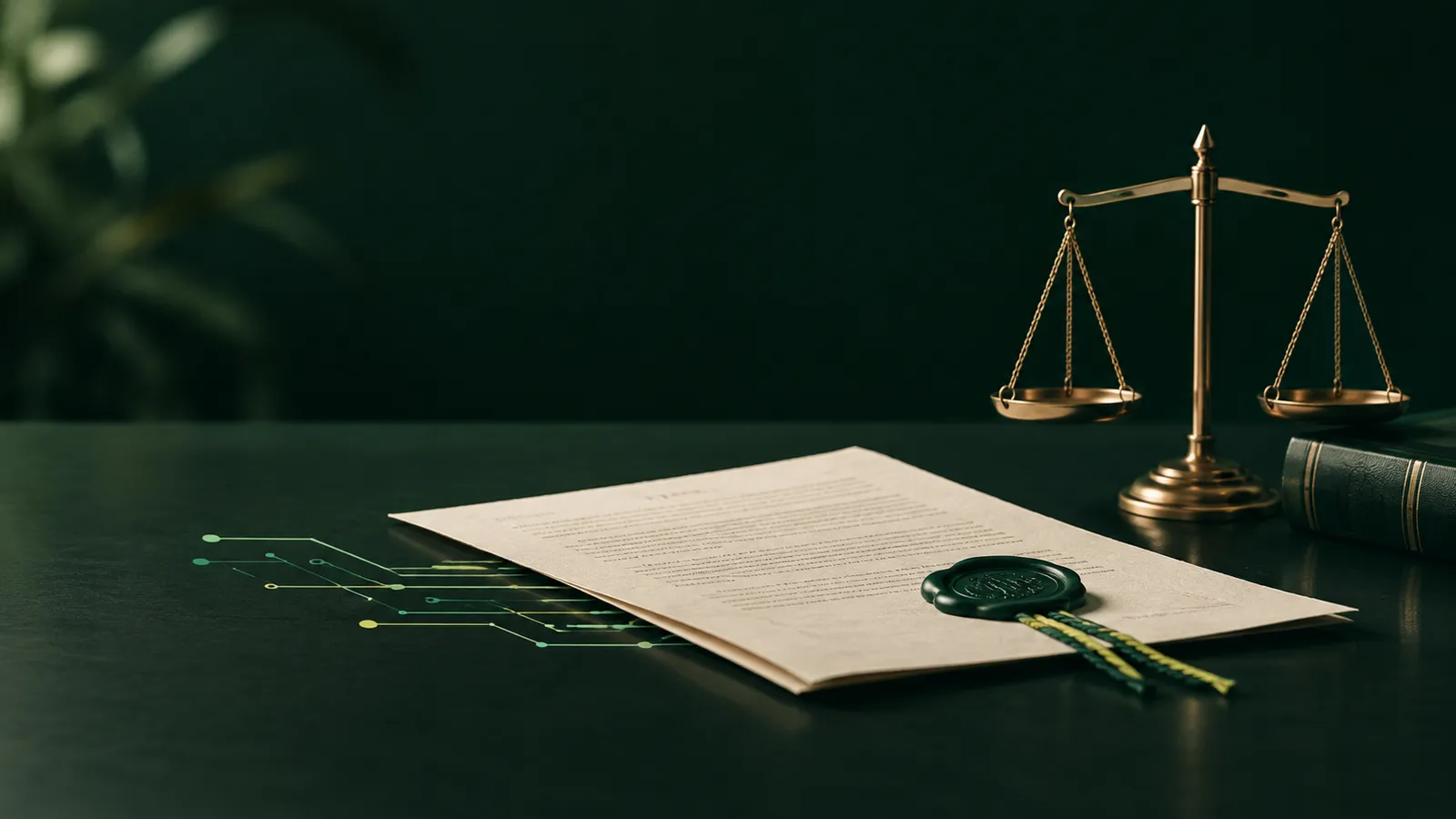 Documento legal con sello de lacre junto a un motivo de circuito electrónico y una balanza de la justicia, sobre un escritorio oscuro.