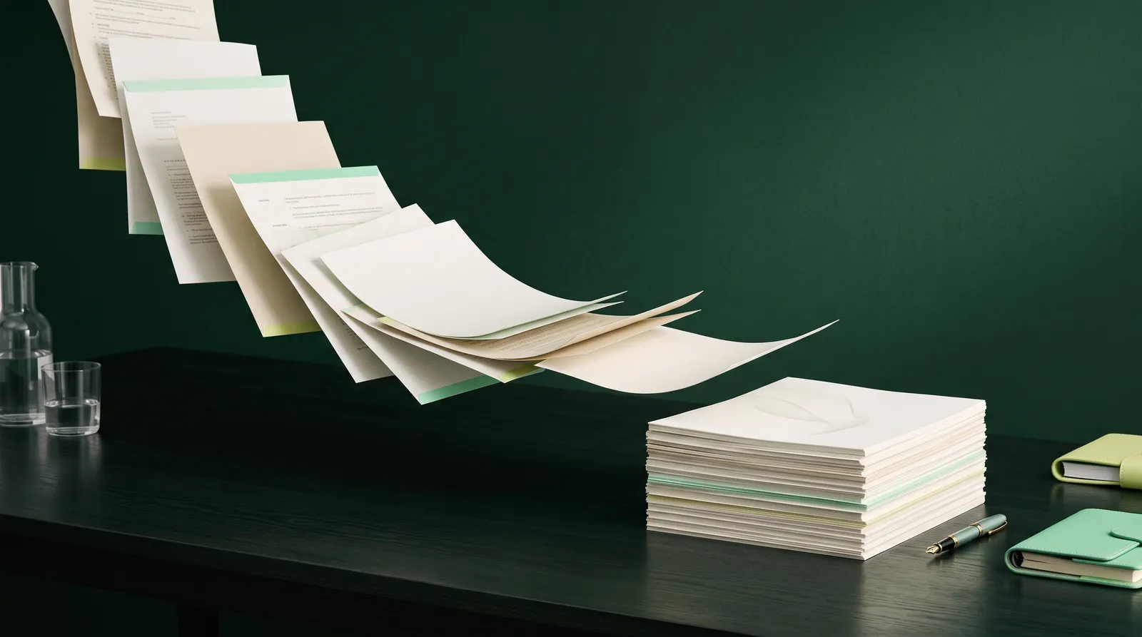 Documentos que se ordenan y fluyen hacia una pila perfectamente organizada sobre un escritorio oscuro, evocando tiempo recuperado.