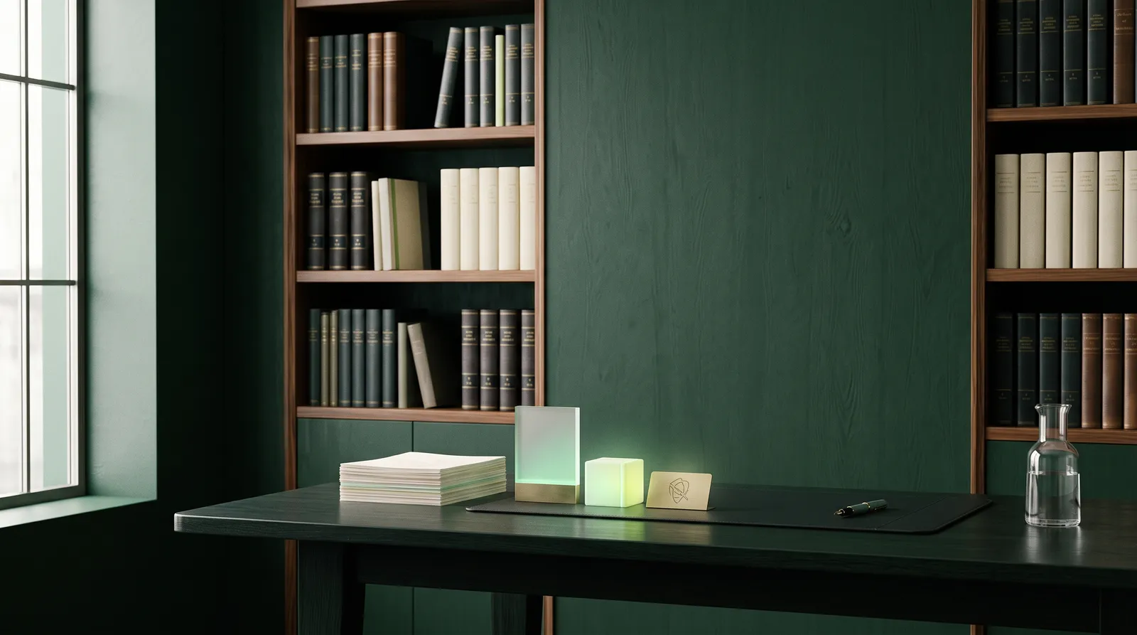 Rincón de un despacho de abogados moderno con estanterías de libros jurídicos y una sutil presencia luminosa de IA integrada en el espacio de trabajo.